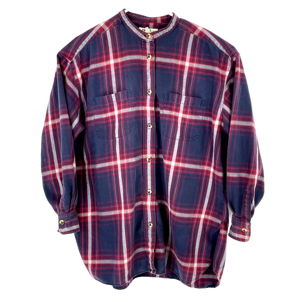 VTG Eddie Bauer Shirt Womens Large Blue Red Checkered Plaid Button Down Flannel